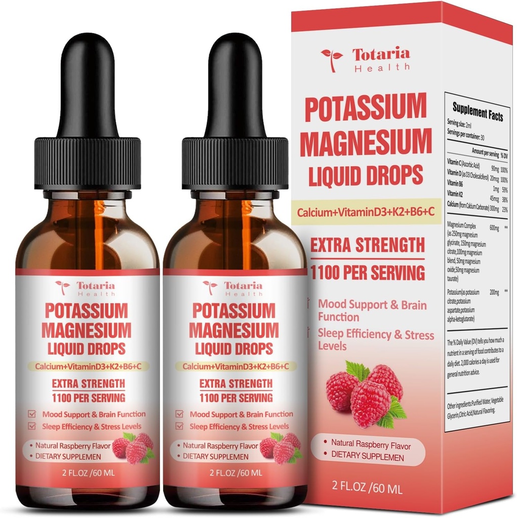 Kalium Magnesium supplement flydende dråber - Høj Absorption Kalium supplement med Magnesium, Calcium, vitamin D3 K2, Vegan, Non- GMO Potasio Support Leg kramper, Ben, Muskel - 4 Fl oz