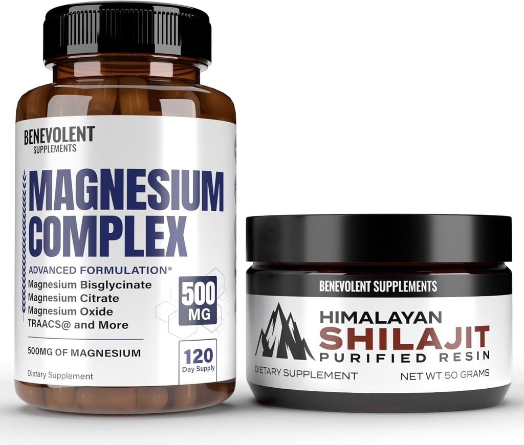 Magnesiumkompleks med 5 bedste former & Himalayan Shilajit Resin - 4 måneders levering af 500mg Magnesiumglycinat, oxid, taurat, chelat, magnesiumcitrat - 85 + Spormineraler til energi