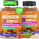 Mushroom Gummies for voksne 400mg, Brain Supplements for Memory and Focus, 26 i 1 Mushroom Supplement Kompleks med Ashwagandha & Lions Mane, Tyrkiet Hale, Reishi, Cordyceps, Økologisk, 120 Greve