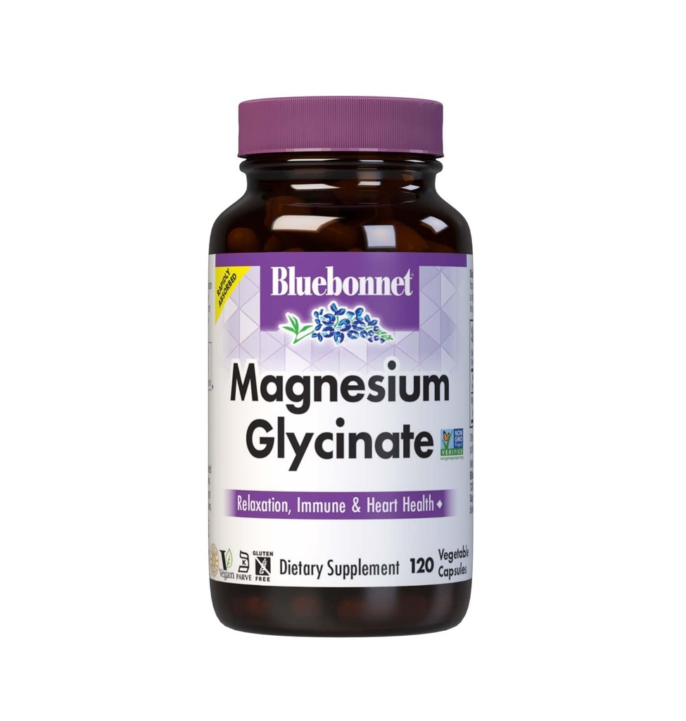Bluebonnet Nutrition Magnesium Glycinate 400mg Maksimal Absorption Mineral Complex understøtter energiproduktion & enzymer funktion - Non-GMO, Soy- fri, Gluten- fri - 120 Veggie kapsler