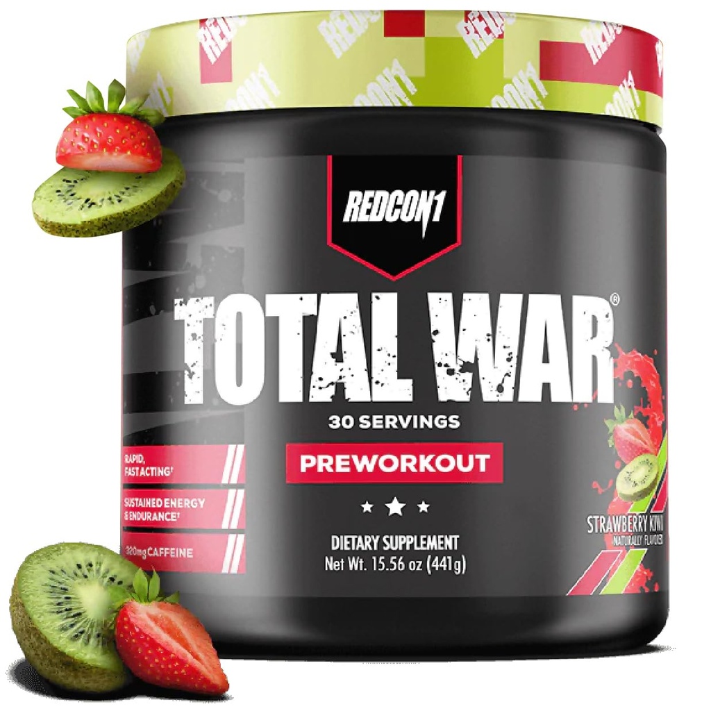REDCON1 Total War Pre Workout, Strawberry Kiwi - L Citrullin, Malic Acid, Green Tea Leaf Extract for Pump Boosting Pre Workout for kvinder & mænd - 3.2g Beta Alanine til at reducere Exhaustion (30 Servere)