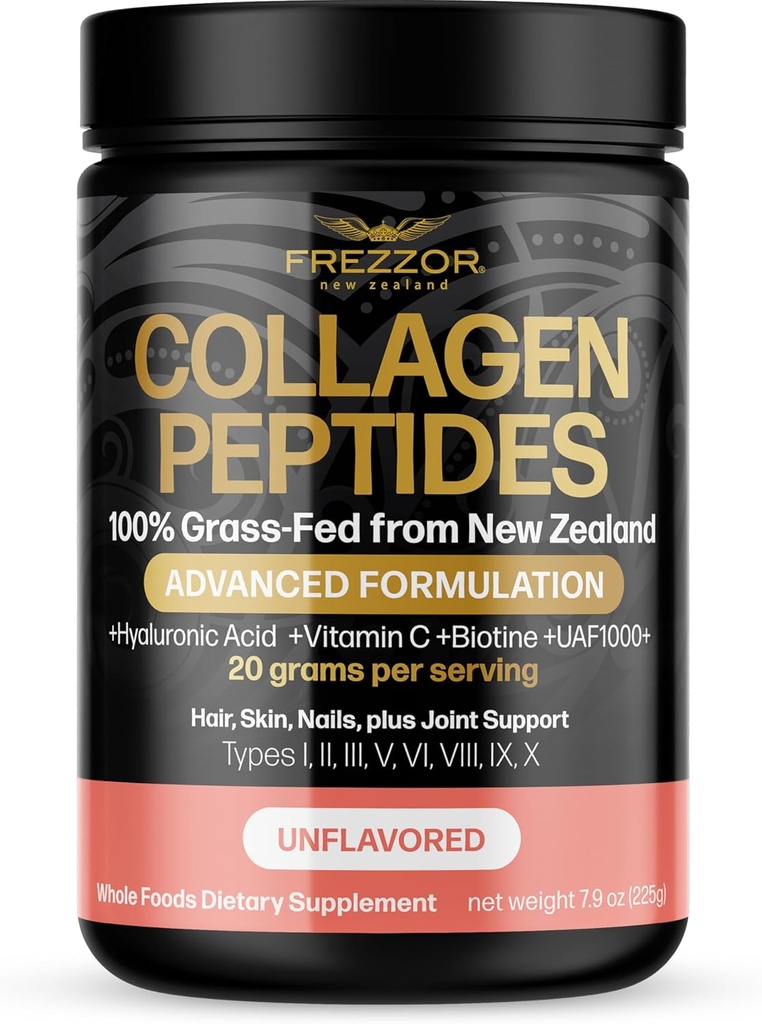 FREZZOR collagen peptider pulver, Reducerer fine linjer & rynker, stærkere hår & negle, fremmer ungdommelig fleksibilitet & mobilitet, 100% New Zealand Hydrolyzed Beef Bone Collagen, Unflavored 225g 1 Jar