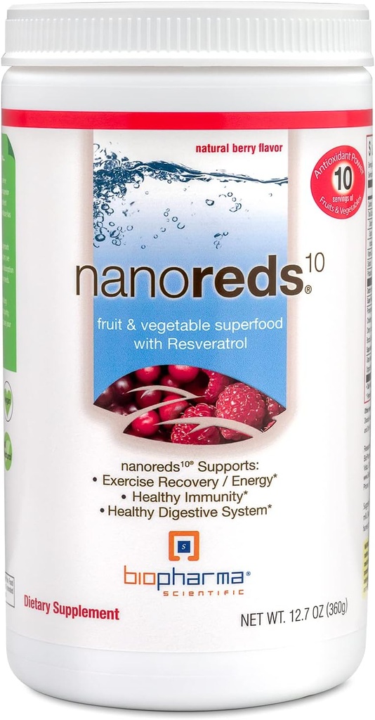 Biopharma Scientific Nanoreksi: Red Superfood Fruit & Vegetabilsk Powder Smoothie Mix til fordøjelse og immunitet med antioxidanter, VitaminC, Elderberry, Pomegranat, Berry Flavor, 30 Servere