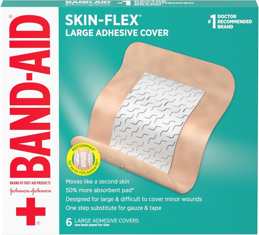 Band- Aid Brand Skin- Flex adhesive Flexible Sårbetræk til førstehjælp Sårpleje af mindre Cuts, Scrapes & Burns, med en behagelig følelse, bevæger sig som en anden hud, sterile, store, 6 kt
