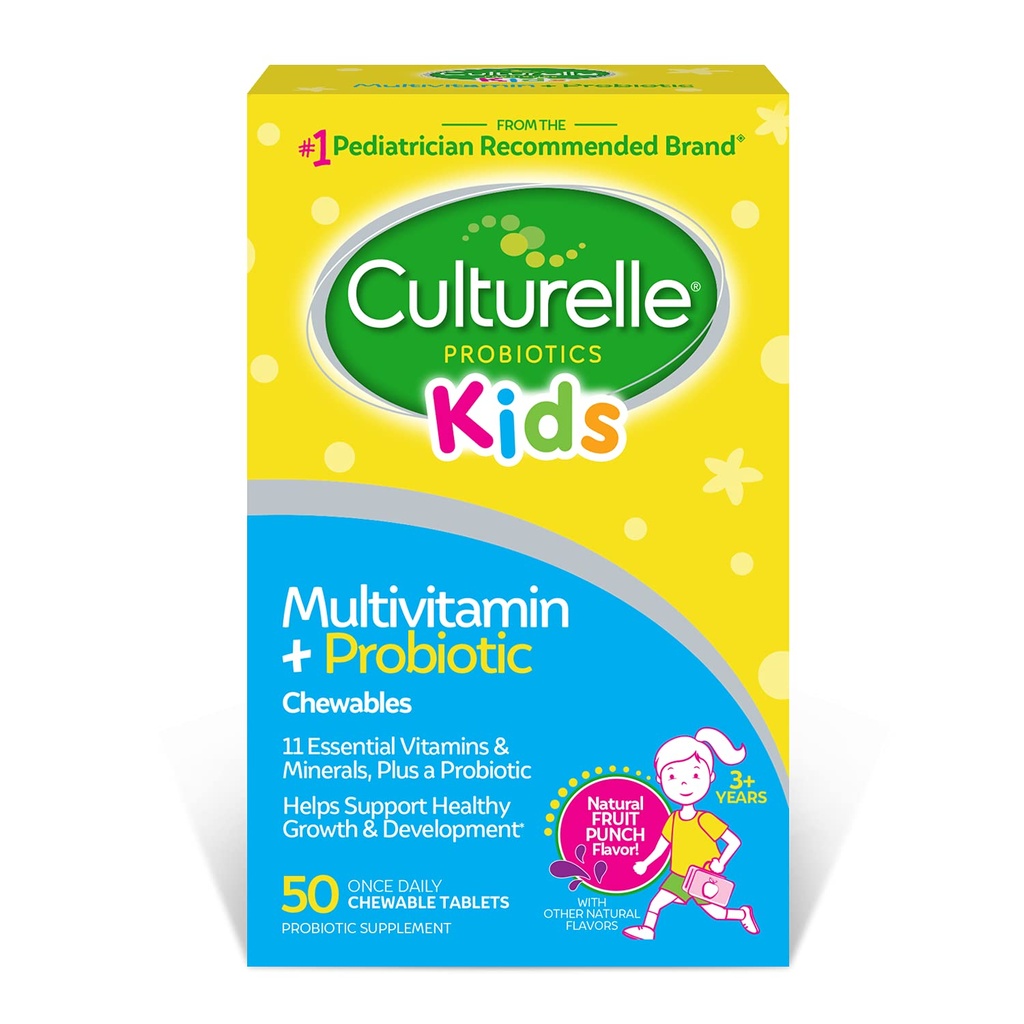 Culturelle Kids Komplet Chewable Multivitamin + Probiotika Til børn, Age 3 +, 50 Greve, fordøjelsessygdomme, Oral Health & immunforsvar - med 11 vitaminer og mineraler, herunder C-vitamin, D3 & zink