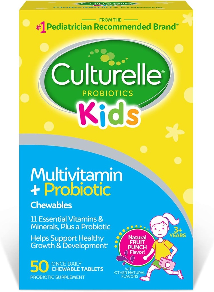 Culturelle Kids Komplet Chewable Multivitamin + Probiotika Til børn, Age 3 +, 50 Greve, fordøjelsessygdomme, Oral Health & immunforsvar - med 11 vitaminer og mineraler, herunder C-vitamin, D3 & zink