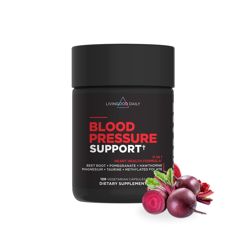 Livingood Daily Blood Pressure Support, Heart Health Supplement for Mænd & Kvinder med Beet Root, Pomegranat, Hawthorn, Magnesium & Taurine, Cardiovaskulær Support Formel, Vegan, 120 Kapsler