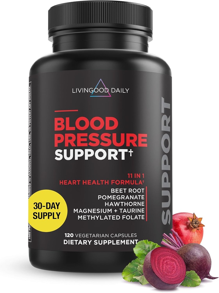 Livingood Daily Blood Pressure Support, Heart Health Supplement for Men & Women with Beet Root, Pomegranate, Hawthorn, Magnesium & Taurine, Cardiovascular Support Formula, Vegan, 120 Capsules