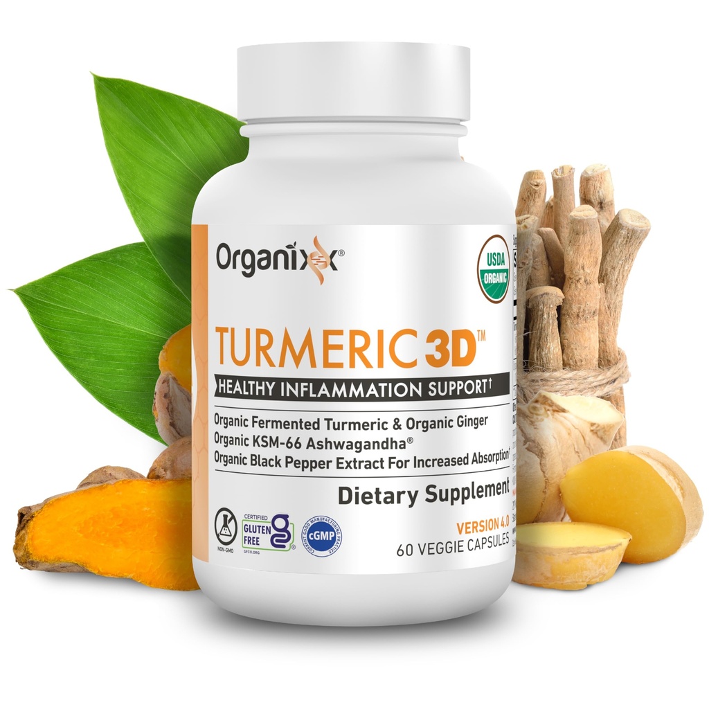 Organixx USDA Organic Gurkemeje Curcumin Supplement til Ashwagandha, Gurkemeje & Ginger - immunforsvar & fælles støtte, gæret for maksimal biotilgængelighed, 60 vegetariske kapsler