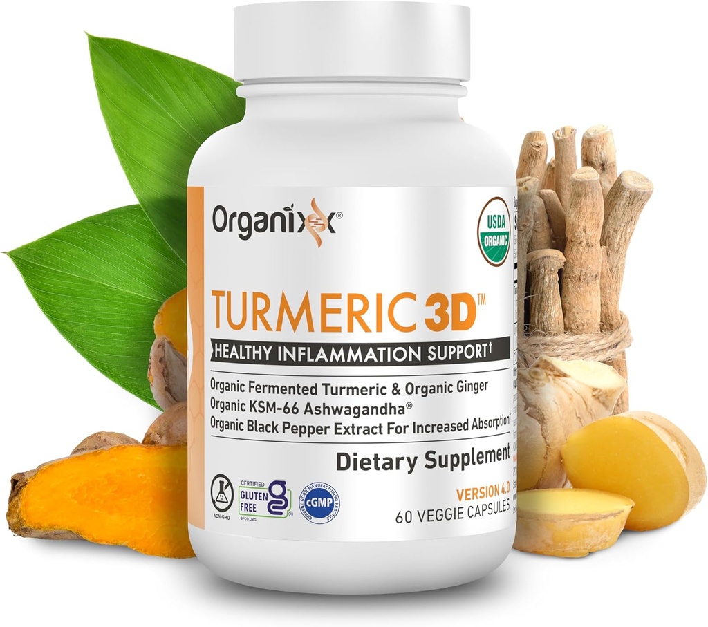 Organixx USDA Organic Gurkemeje Curcumin Supplement til Ashwagandha, Gurkemeje & Ginger - immunforsvar & fælles støtte, gæret for maksimal biotilgængelighed, 60 vegetariske kapsler