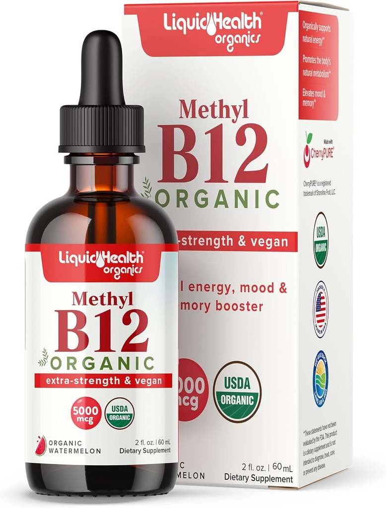 LIQUIDHEALTH USDA Organic Methyl Vitamin B12 Methylcobalamin Liquid Drops with Tart Cherry Juice - Boost Energy, Immune Support, Improve Memory & Concentration - USA Made, Vegan, Non-GMO (2 oz)