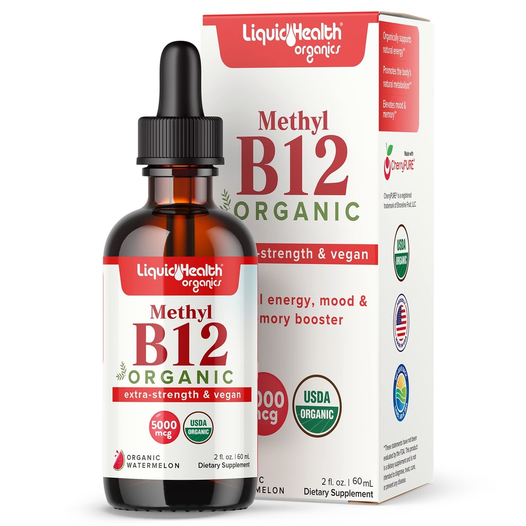 LIQUIDHealth USDA Organic Methyl Vitamin B12 Methylcobalamin Flydende dråber med tærte Cherry Juice - Boost Energy, immunstøtte, Forbedre hukommelse & koncentration - USA Made, Vegan, Non- GMO (2 oz)
