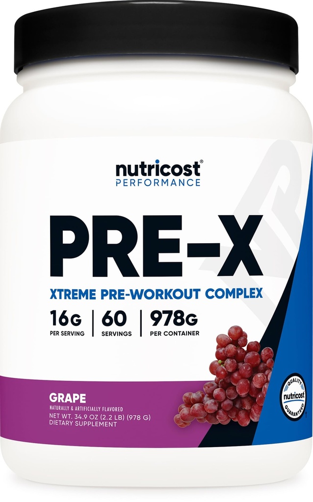 Nutricost Pre- X Xtreme Pre- Workout Complex Powder, Grape, 60 Servering, Vegetarisk, Non- GMO og Gluten Gratis