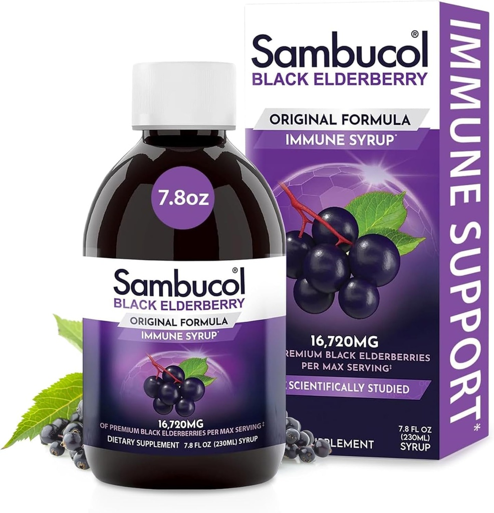 Sambucol Black Elderberry Syrup - Sambucus Elderberry Syrup til voksne Immunstøtte, Elderberry Liquid, Elderberry Extract, Gluten Free - 7.8 Fl Oz