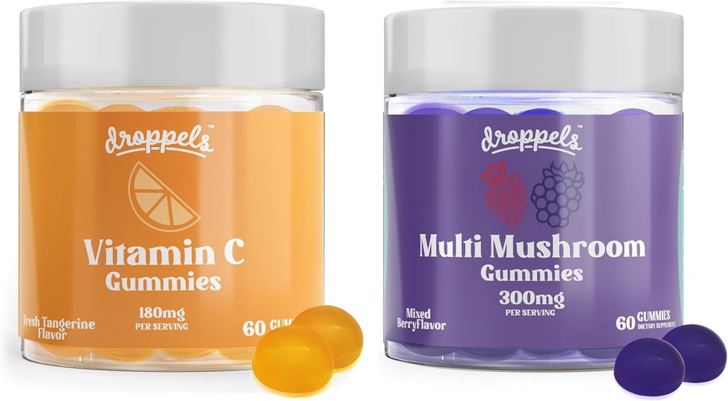 Droppels Multi Mushroom & Vitamin C Gummies Bundle Buddy 124; Vegansk immunforsvar Supplement 124; Mushroom Udtrækker med Reishi, Lion 's Mane, Chaga & mere + 180 mg C-vitamin 124; Blandede bær & Tangerine Flag, 2