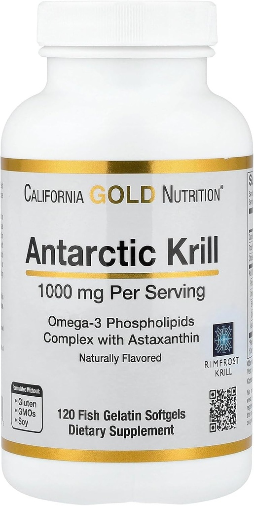 California Gold Nutrition Antarctic krill Oil, Omega-3 fosfolipider med naturligt okkurrende Astaxanthin, Natural Strawberry & Lemon Flavor, Non GMO, 1.000 mg, 120 Fish Gelatine Softels