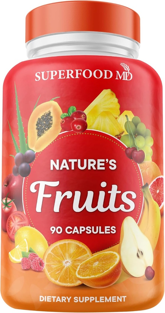 Superfood MD Frugt Supplement - 90 Frugt Kapsler - Understøtter energiniveauer, High Lycopene, Vitamin & Minerals - Soy Free - 90 Tæl