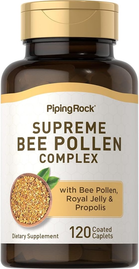 Piping Rock Bee Pollen med Royal Jelly og Propolis Buddy 124; 120 Caplets Buddy 124; Complex supplement til kvinder og mænd Buddy 124; Non- GMO, Gluten Free