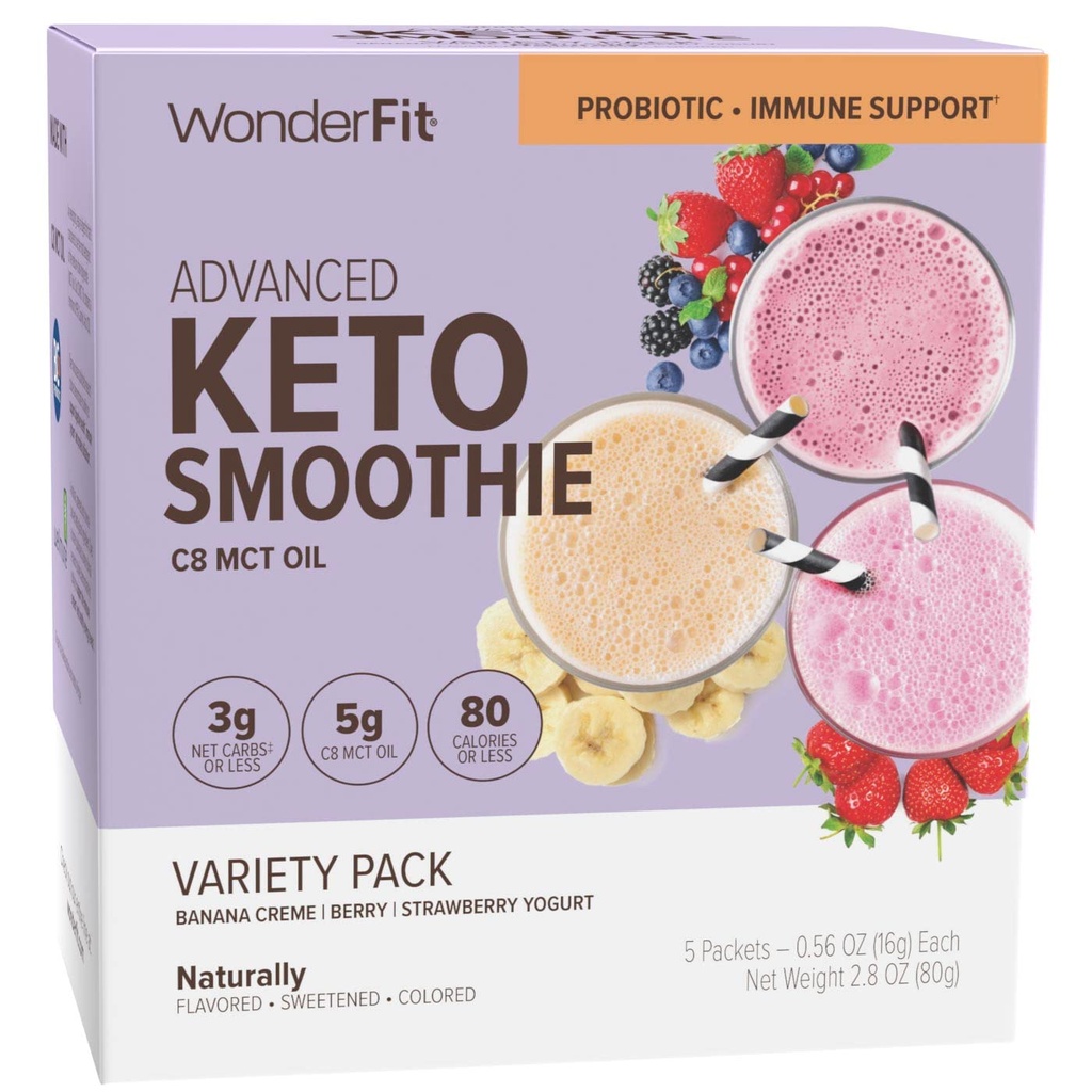 WonderFit af WonderSlim Keto Smoothie med C8 MCT Oil, Variety Pack, 1-3g Net Carbs, Gluten Free, Probiotisk & immunforsvar (5ct)