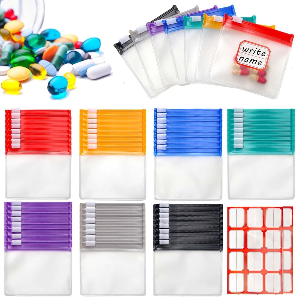 70 + 2 Pcs Pill Pouch Tasker Zipplered Pill Pouch Sæt med 2 ark Label, 7 Farver Pill Pouches til Medicin Rejser Genanvendelige små plastic Pill Tasker til Rejser / Home Daglig brug