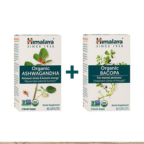 Himalaya Organic Ashwagandha + Organic Bacopa Brain Booster Kit, Ashwagandha 670 mg for Energy Boost & Stress Relief + Bacopa 750mg Nootrop Brain Booster for Mental Focus, Hukommelse og Clarity