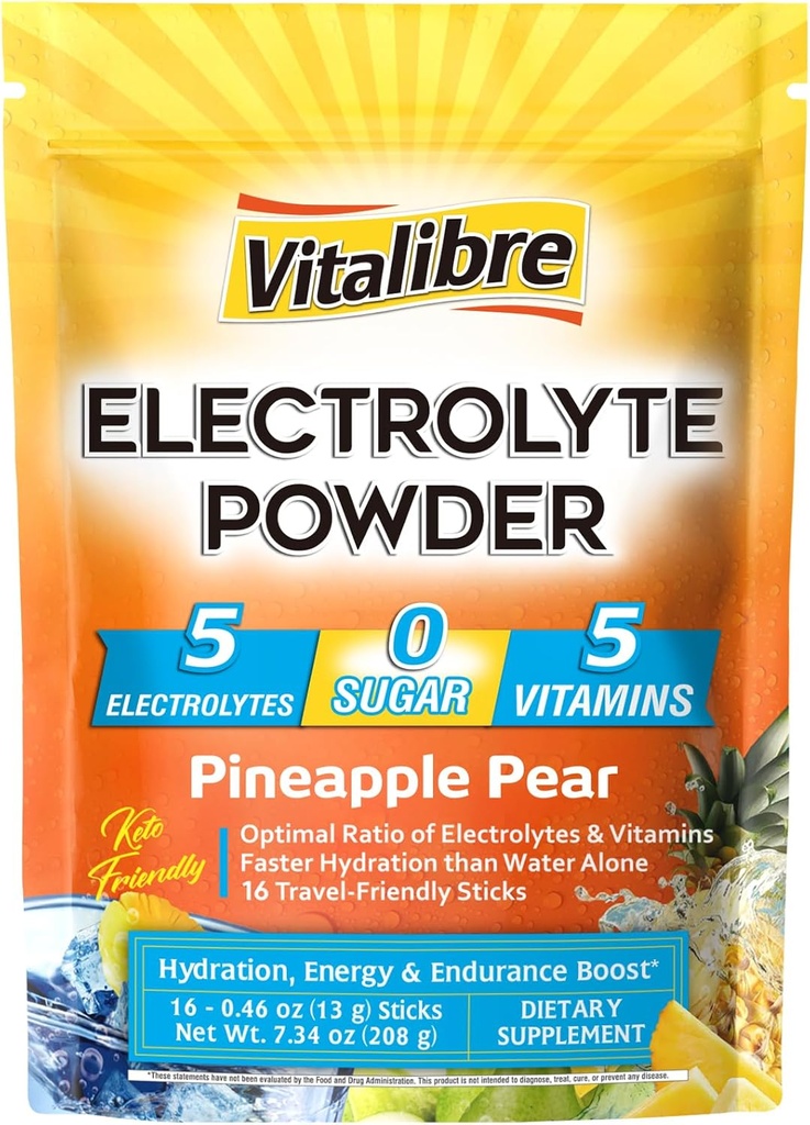 Elektrolytter Powder Pakker C124; Magnesium, Kalium, Natrium, C-vitamin C124; til hurtig hydrering C124; Zero Sugar & Keto C124; 16 Stick Pakker C124; Ananas Pære Flavor