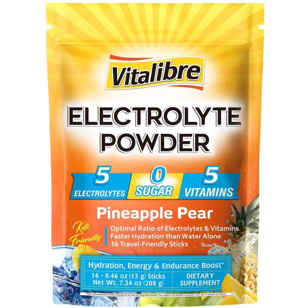Elektrolytter Powder Pakker C124; Magnesium, Kalium, Natrium, C-vitamin C124; til hurtig hydrering C124; Zero Sugar & Keto C124; 16 Stick Pakker C124; Ananas Pære Flavor