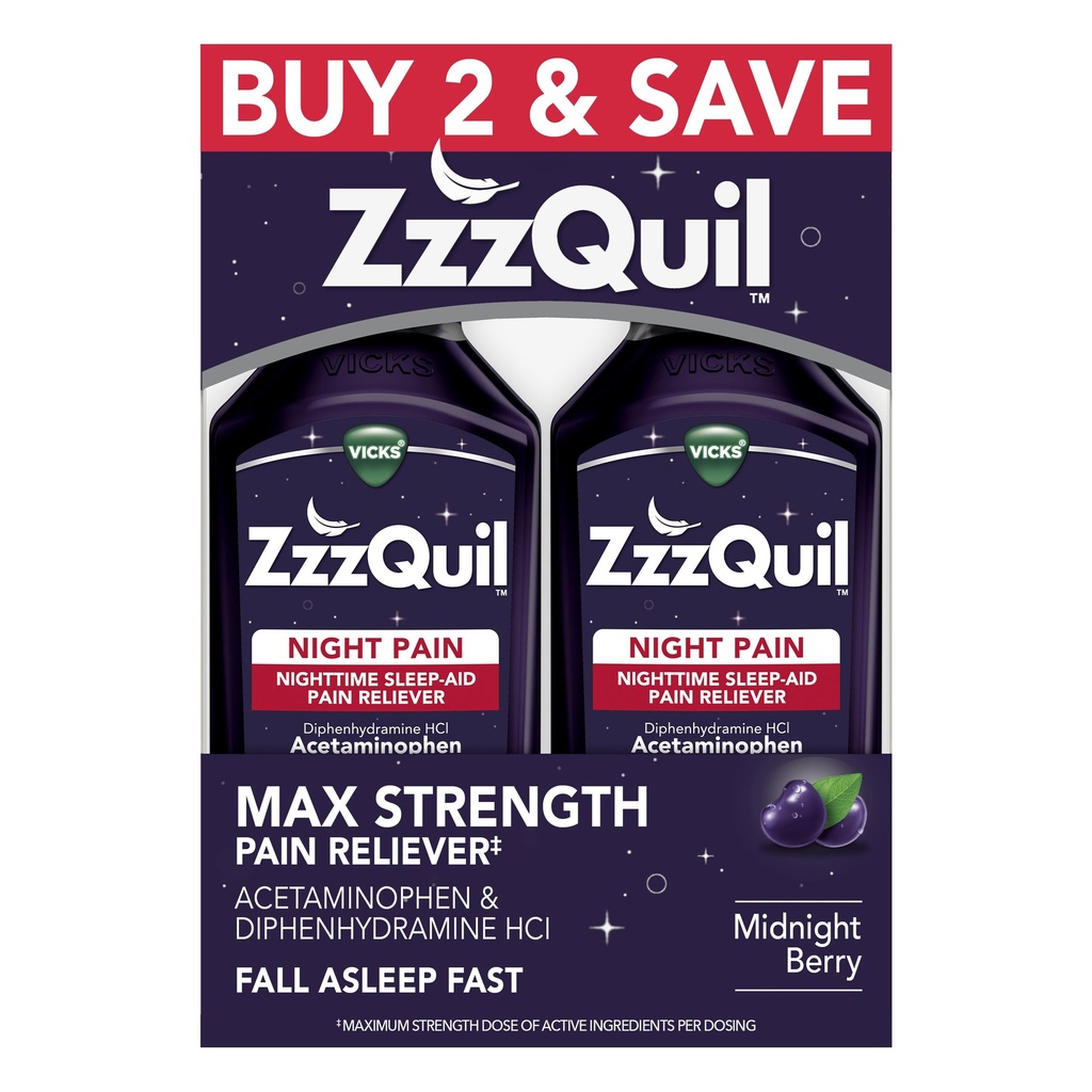 ZzzQuil Liquid, Max Strength Pain Reliever, Nighttime Sleep Aid Liquid, Acetaminophen 1000mg, Diphenhydramin 50mg HCI, Non- Habit Danning, Midnat Berry Flavored, 2 Pack, 24 FL OZ