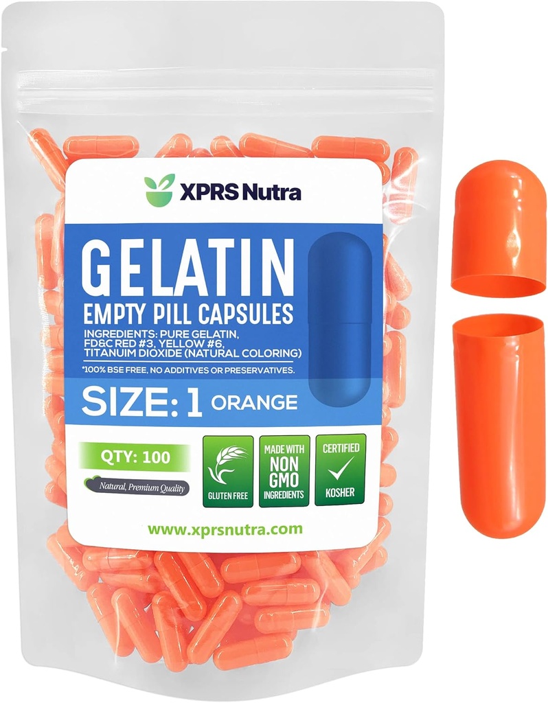 XPRS Nutra Størrelse 1 Tomme kapsler - 100 Greve Tomme Gelatine kapsler - Pille gør det - Kapselfyld - Pure Bovin Pille Gel Caps til Do- It- Yourself Kosttilskud (Orange)