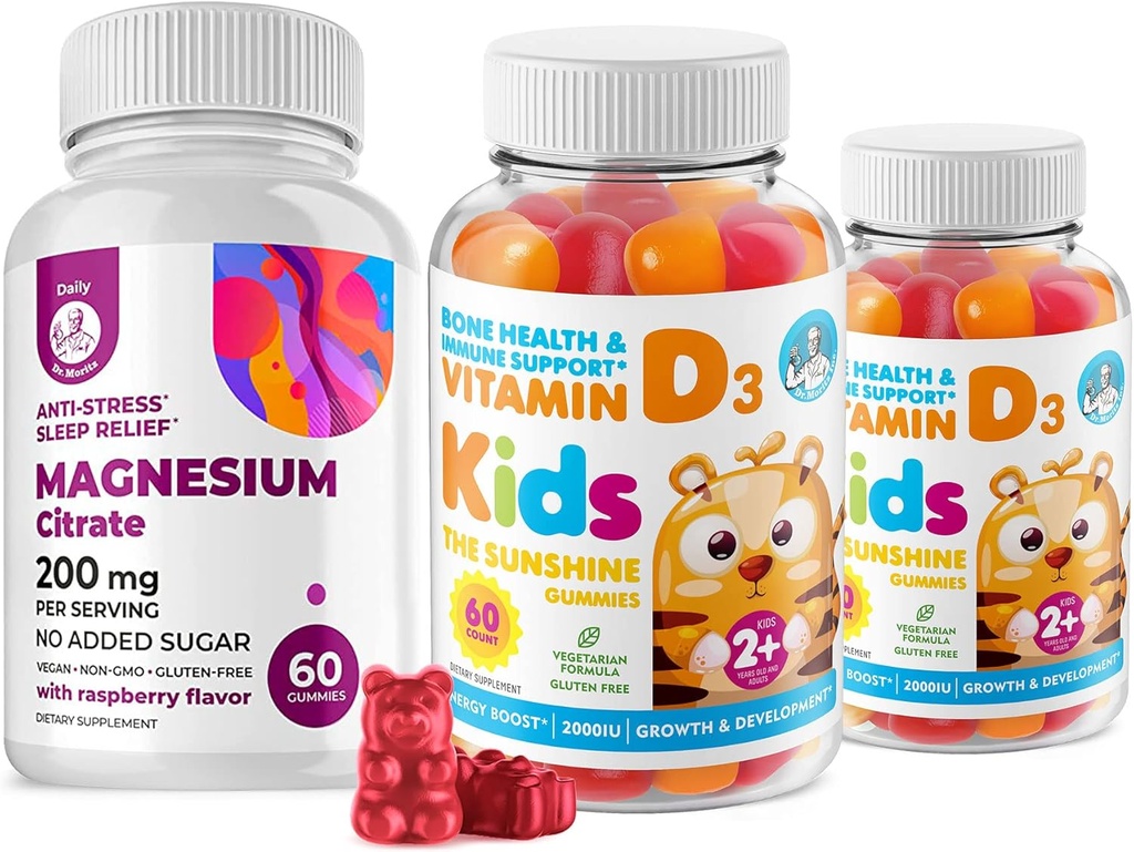 D-vitamin Gummier til børn og voksne 2000 IE og Magnesium Gummies - Sunde vitamin D3 Kosttilskud 1000IE - Vegetarisk Gelatin- fri immunforsvar med sukker- fri Magnesium Calm Tygge til børn og voksne