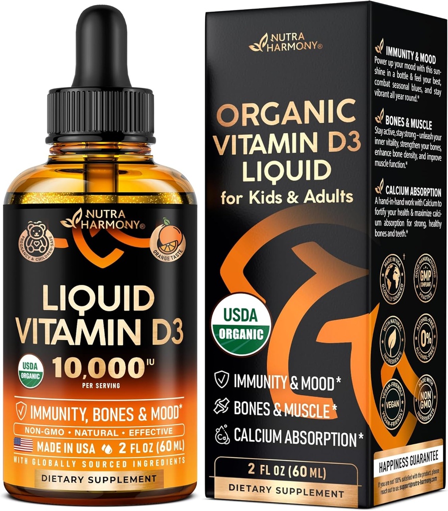 USDA Organic Vitamin D3 10000iu - Vitamin D dråber til spædbørn, børn og voksne, Graviditet & Børn Safe - Immunsystemet, Mood, Knogler Sundhed & Muskelstøtte - Natural Orange Taste - 2 fl oz, 60 ml