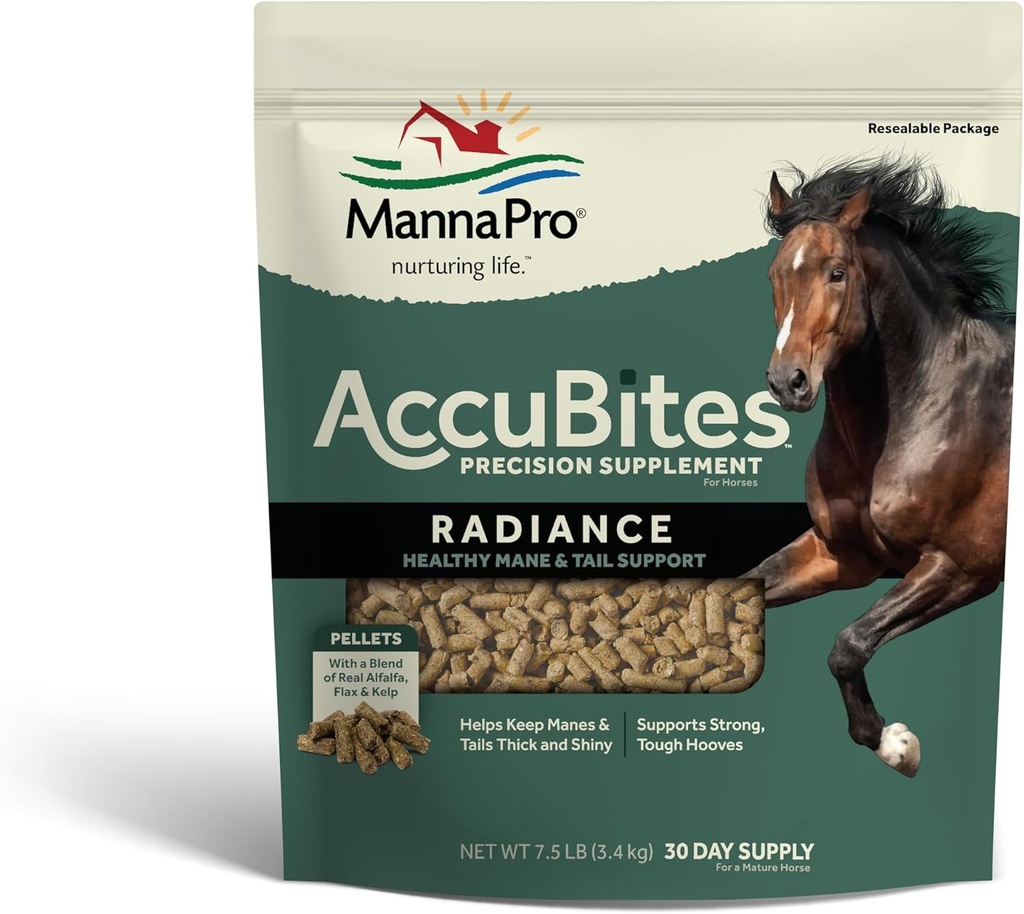 Manna Pro AccuBites Radiance Equine Supplement - Hud & Coat, Essential Vitamin & Hoof Sundhed for Heste - Pakket med Omega 3, 6, & Biotin - Main & Hale Vedligeholdelse - Alfalfa Flavored - 7,5 lbs