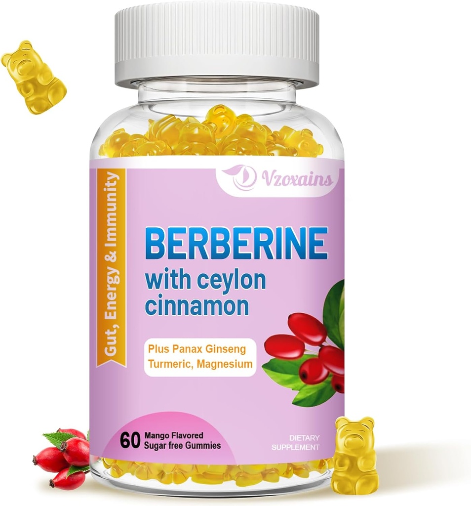 Berberine med Ceylon kanel gummier, høj potens Berberine HCI supplement, immunforsvar, 60 Mango flavored gummies