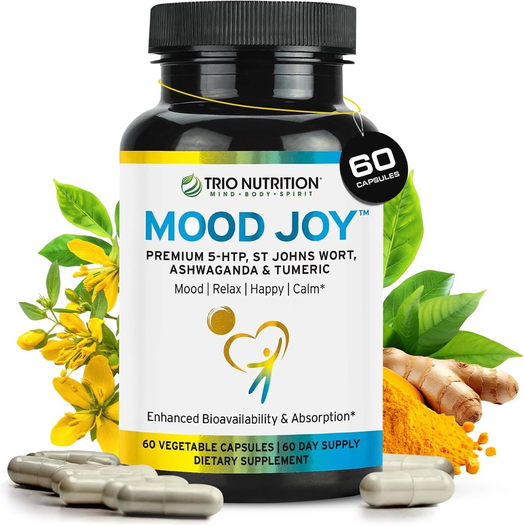Trio Mood Joy Buddy 124; Premium 5- HTP, St Johns Wort, Ashwagandha & Turmeric Buddy 124; Ashwagandha Capsules to Promote Natural Call & Relaxed Mood Buddy 124; Food Support Supplement 124; 60 Day Supply *