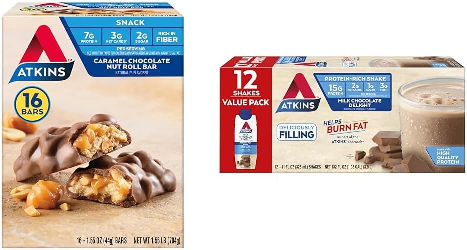 Atkins Caramel Chokolade Nut Roll Snack Bar, Protein Snack, Høj i Fiber, 2g Sukker, 16 Grev & Mælk Chokolade Delight Protein Shake, 15g Protein, Lav Glycemisk