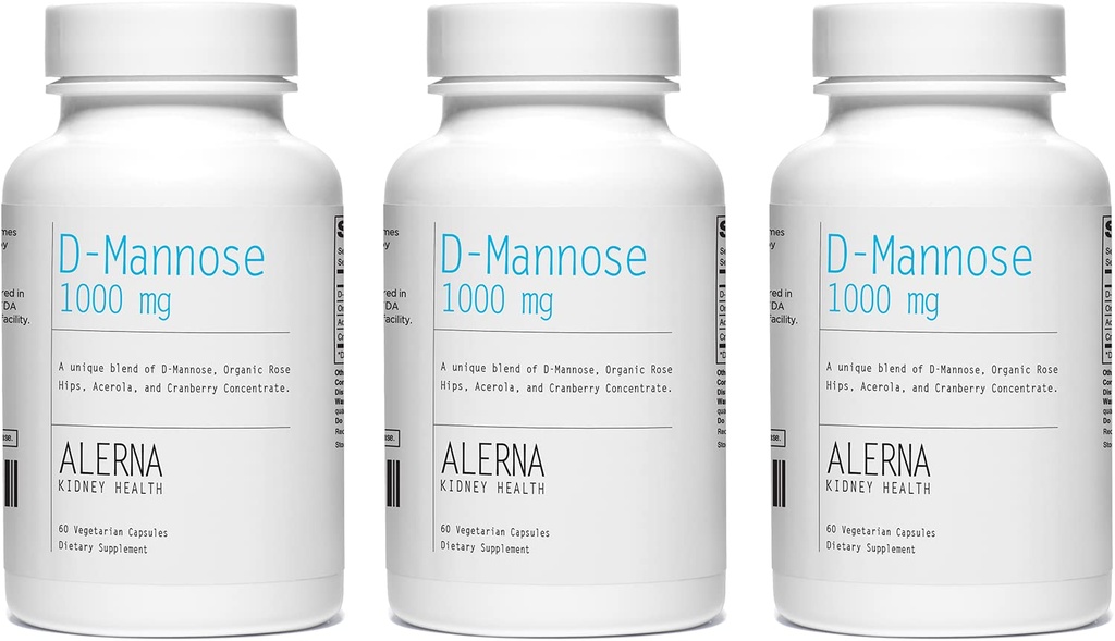D- Mannose 1000 mg - Urinvejssundhed - med Cranberry koncentrat, Organic Rose HIPS, Acerola Extract - 60 vegetariske kapsler (Pack of 3)
