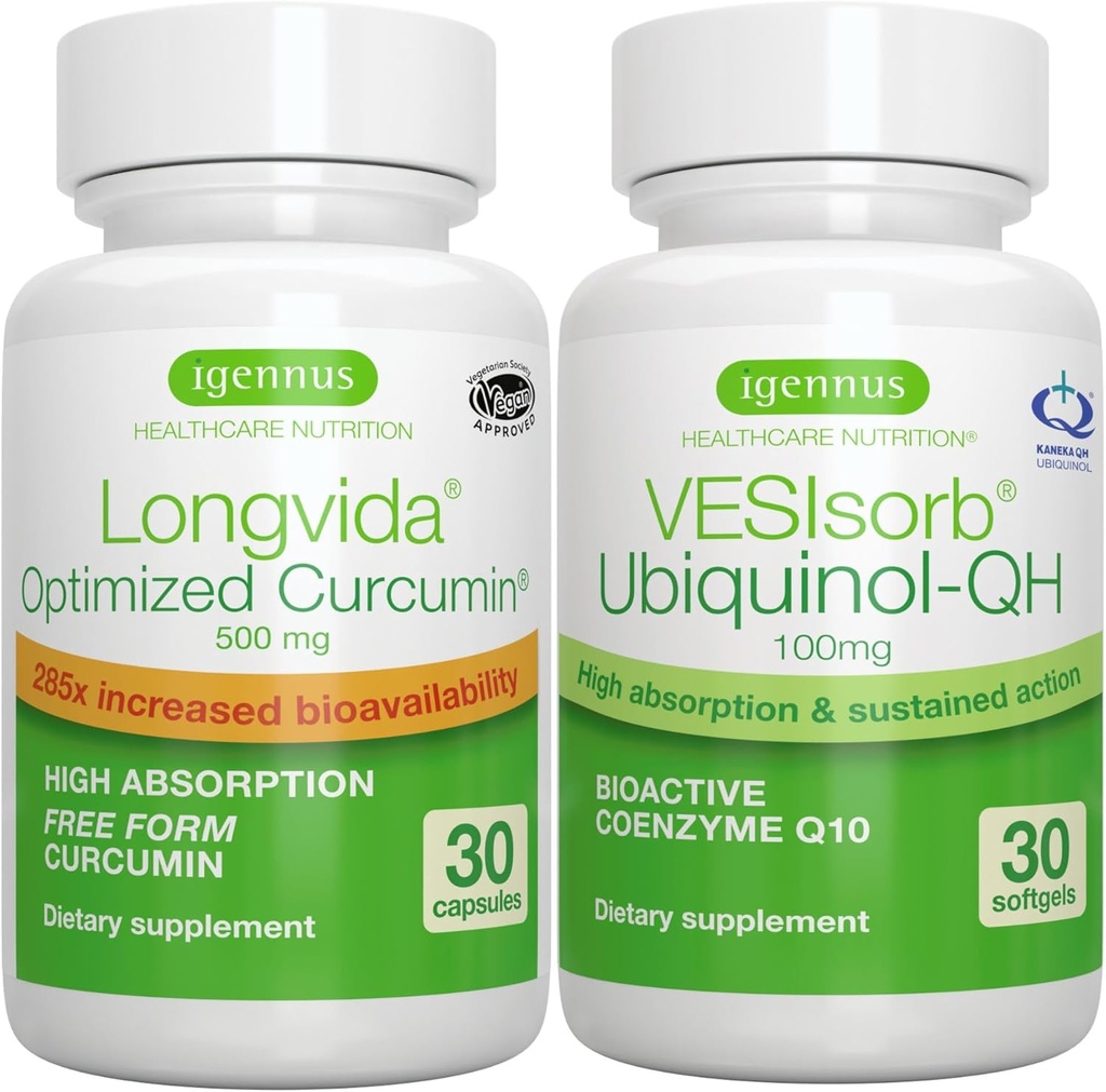 Longvida Curcumin 500mg + VESIsorb Ubiquinol- QH Advanced CoQ10 100mg Bundle, Ultra Bioavailable Curcumin with Bioavailable & Fast- Active Ubiquinol, by Igennus