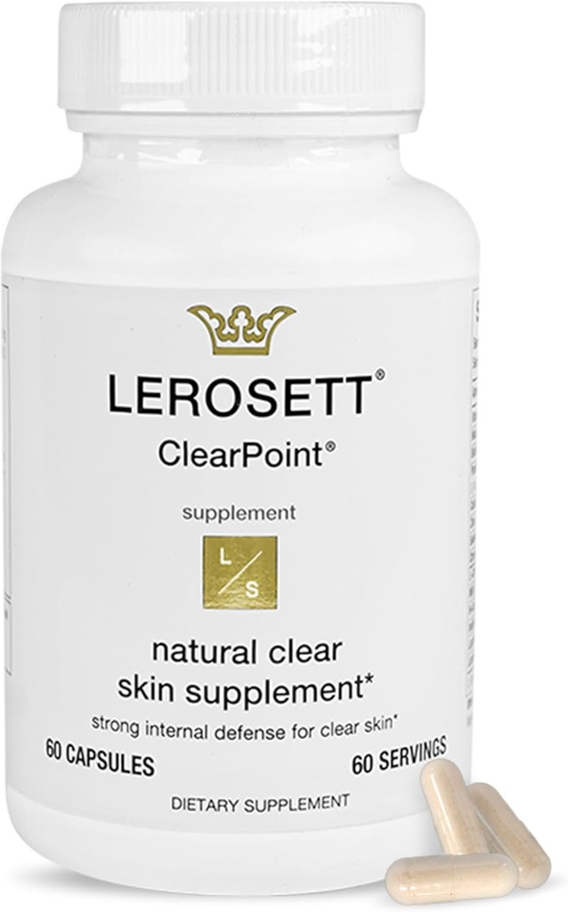 LEROSETT ClearPoint Anti Acne piller, naturlige kosttilskud til Hormonal & Cystisk Acne behandling for fedtet hud & breakouts. 60 Caps