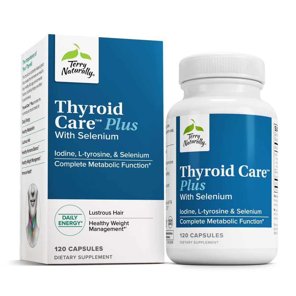 Terry naturligt Thyroid Care Plus - supplement til støtte Thyroid - Kosttilskud til energi og sund hårstøtte - supplement med L-Tyrosine & Selenium - 120 kapsler
