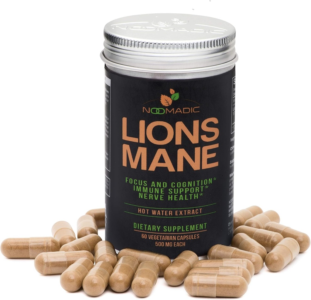 Løvens Mane Mushroom, 60 Kapsler 124; 500mg Hver, Nerve vækstfaktor (NGF) & Nootrop (Focus, Memory, BDNF), Hot Water Extract, Wood Grown, Fruiting Bodies, 30% Beta- D- Glucans