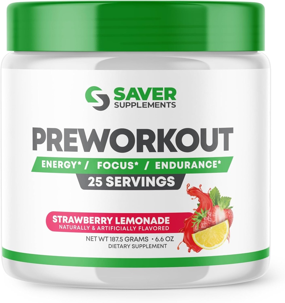 Pre Workout pulver med Beta Alanin, Creatinine monohydrat, BCAA, L Citrullin, L Arginin og Koffein - Jordbær Lemonade Flavor - 25 Servering