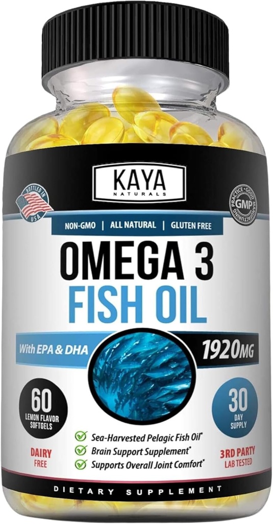Kaya Naturals Omega 3 Supplement - Nature Made Omega 3 Fish Oil - 100% Pure Sea- Harfted Pelagic Fish Oil med ingen Fishy Eftersmag - 60 Count Softels