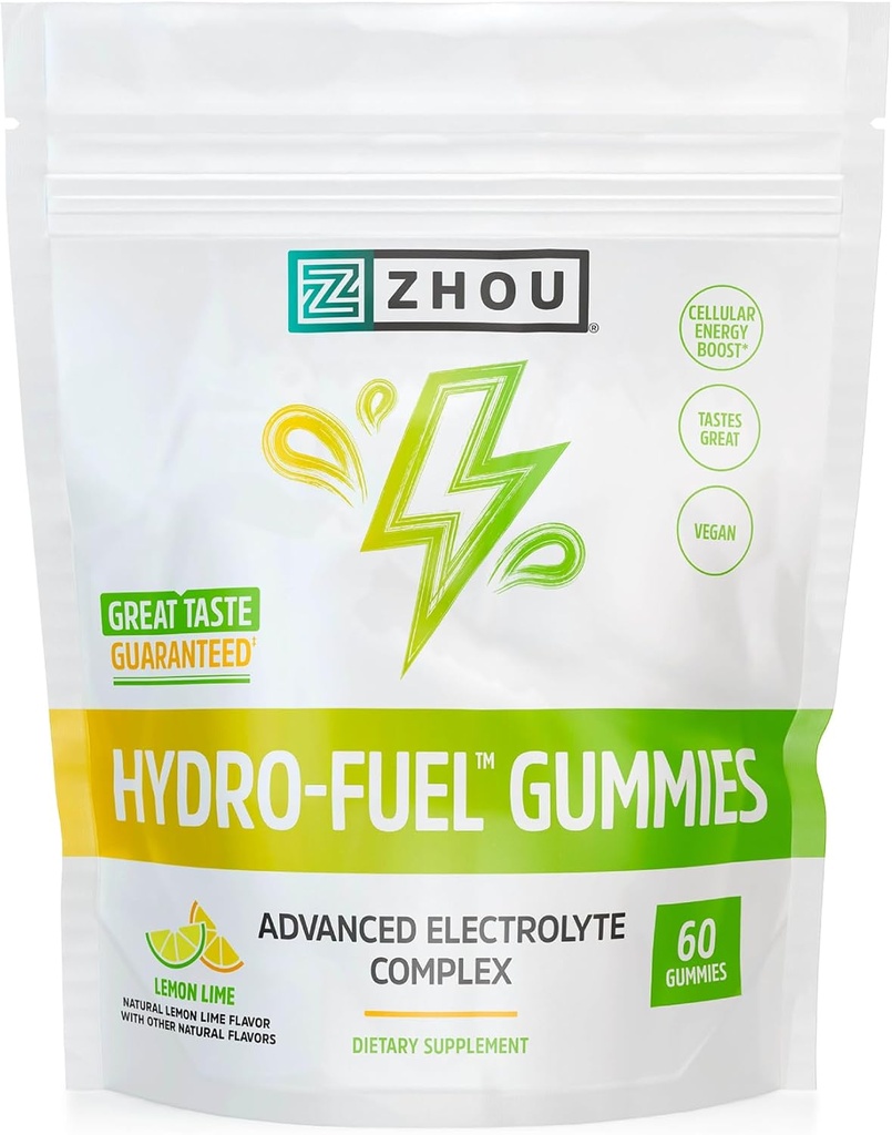 Zhou Hydro-Fuel Gummies - Electrolyte Gummy, Hydration Salt Chews with Sodium, Potassium & Magnesium Chewables, Energy & Endurance for Women & Men - Lemon Lime, 60 Veggie Gummies