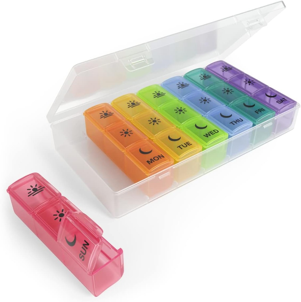 Ezy dosis Weekly (7-dag) Pill Case, Medicine Planner, Vitamin Organizer Box, Praktisk og nem at bruge, X- Large Pop- Out Compartments, 3 gange om dagen, Rainbow Lids med Case, BPA Free