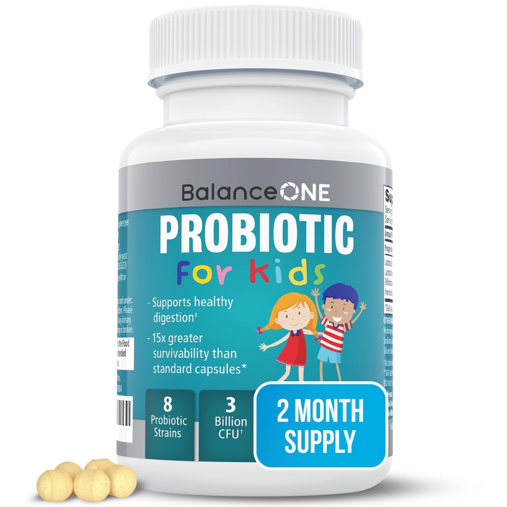 Balance One Time- Release Kids Probiotiske - Op til 15x bedre overlevelsesevne - 3 Millioner CFU - Gut & fordøjelsesstøtte til børn - Sukker fri, nem at synke, 2 Måned Supply