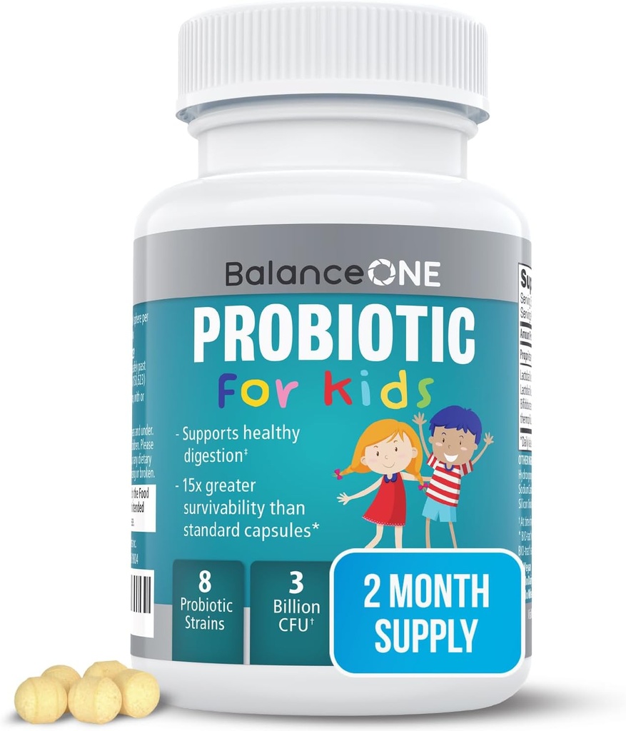 Balance One Time- Release Kids Probiotiske - Op til 15x bedre overlevelsesevne - 3 Millioner CFU - Gut & fordøjelsesstøtte til børn - Sukker fri, nem at synke, 2 Måned Supply