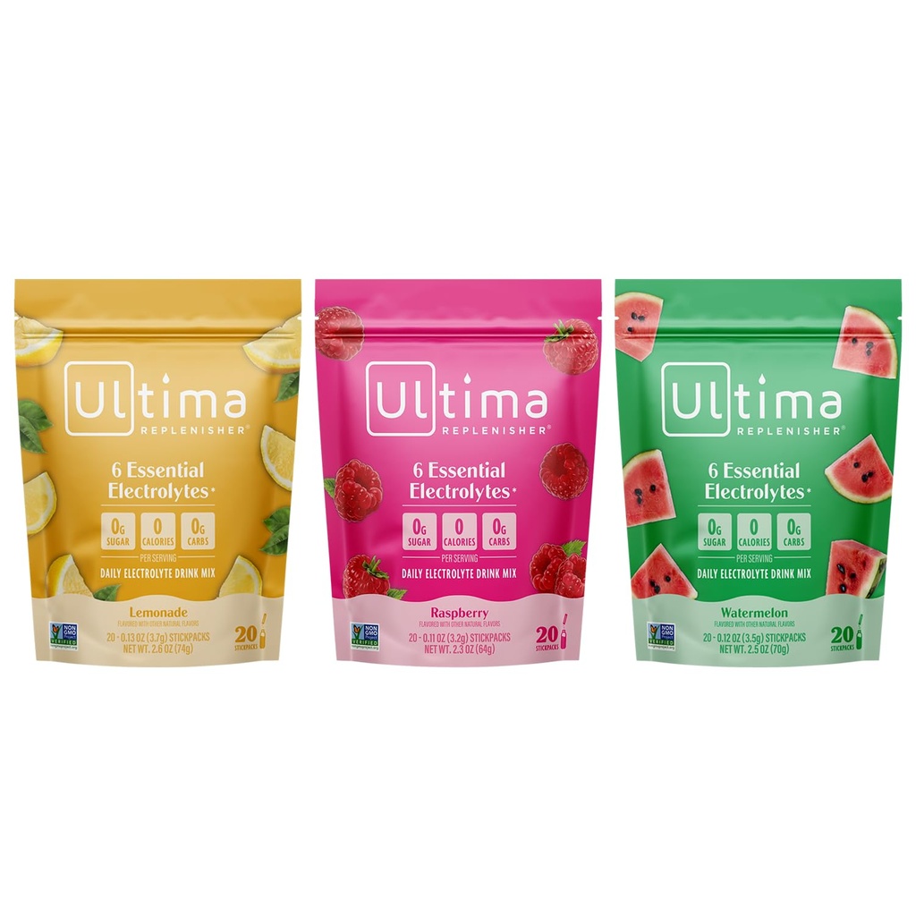 Ultima Replenisher Electrolyte Powder Drink Mix Bundle – Sugar Free – Lemonade and Raspberry and Watermelon, 20 Stickpacks – 6 Electrolytes and Minerals – Keto Friendly, Vegan, Non-GMO