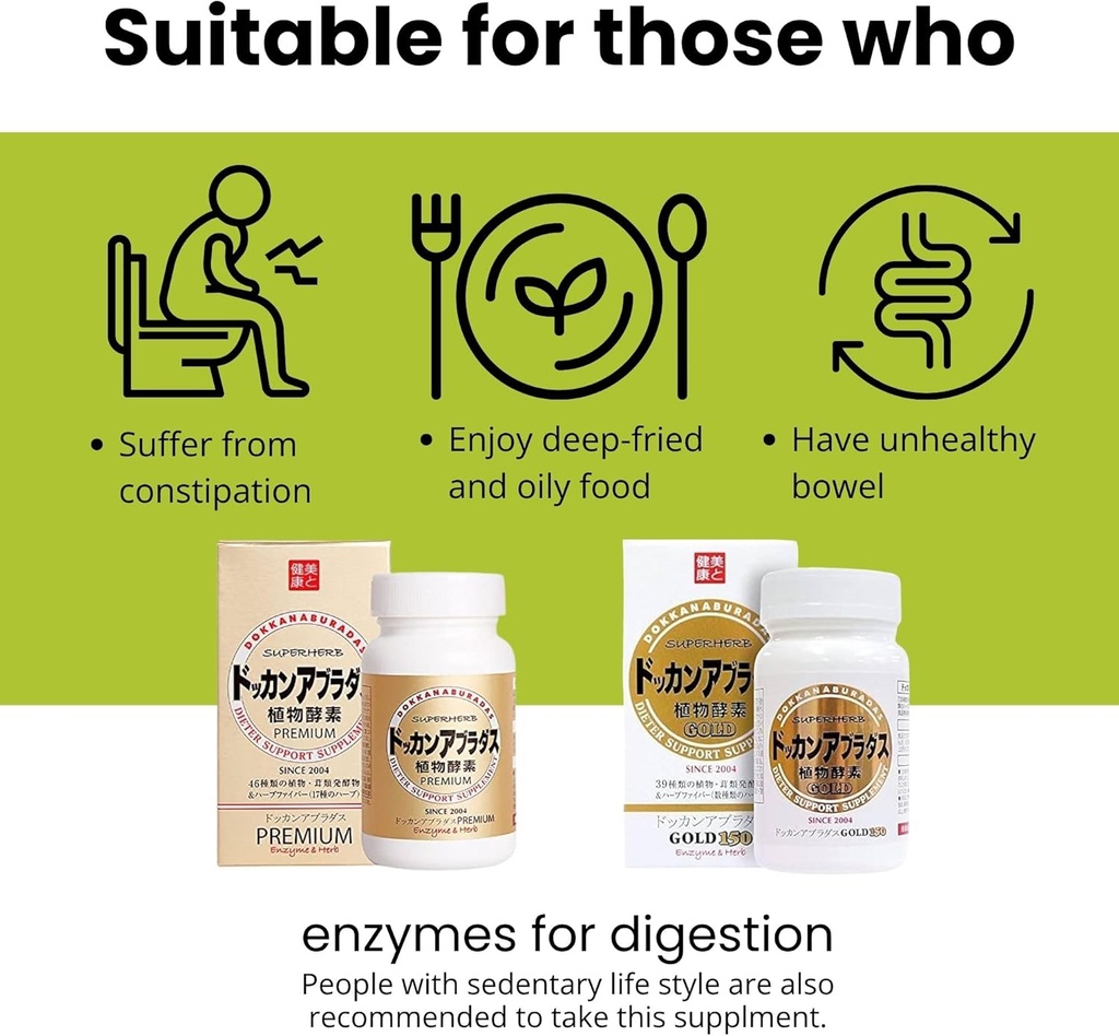 Naturlige fordøjelsesenzymer & herbal fordøjelsesenzymer Fiber supplement til kvinder, med 39 Plant & 7 Urteblandinger til energi & Metabolisme Support, Guld 150 tabletter, fra Japan, 2 EA