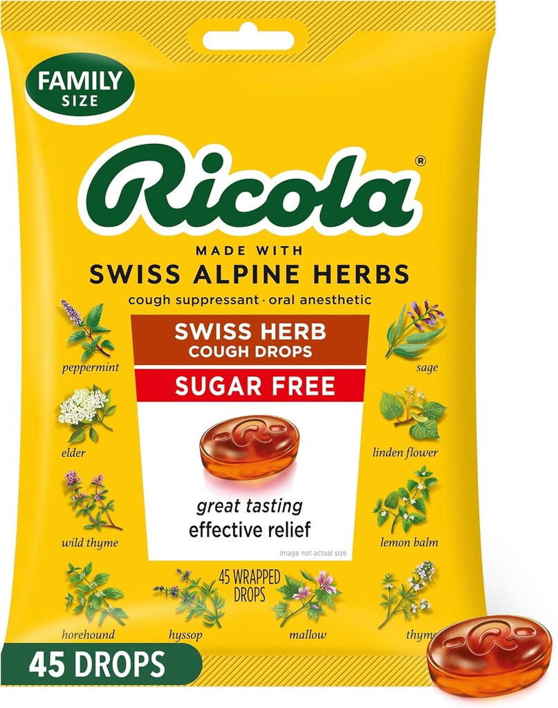Ricola Sugar Free Swiss Herb Host Drops, 45 Greve, Hough suppressant & Hals Lempelse Drops med naturligt souced menthol, Tilfredsstillende smag for hoste & Hals Irritation Symptomer Relief