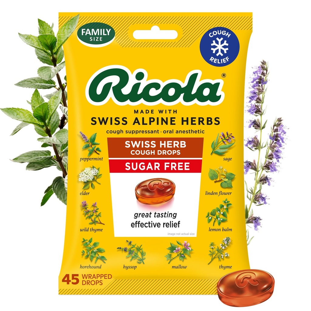 Ricola Sugar Free Swiss Herb Host Drops, 45 Greve, Hough suppressant & Hals Lempelse Drops med naturligt souced menthol, Tilfredsstillende smag for hoste & Hals Irritation Symptomer Relief